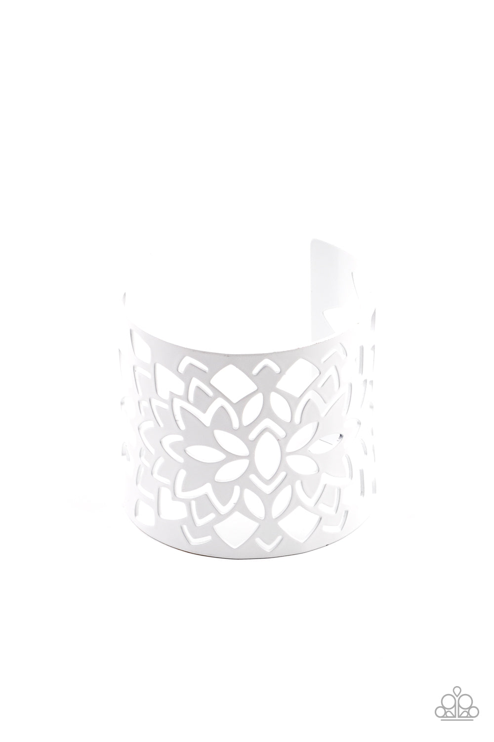 Paparazzi Accessories Hacienda Hotspot - White Bracelets featuring an airy floral stenciled design, a shiny white cuff wraps around the wrist for a vivacious finish. Sold as one individual bracelet.