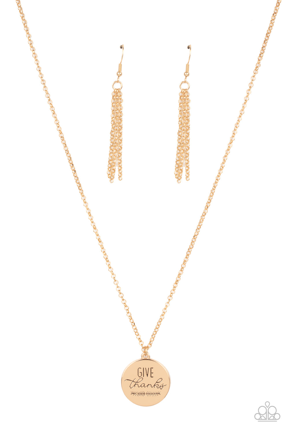 Give Thanks - Gold Inspirational Necklaces infused with feathery accents, a shiny gold disc is stamped in the phrase, "Give Thanks," at the bottom of a shimmery gold chain. Features an adjustable clasp closure.