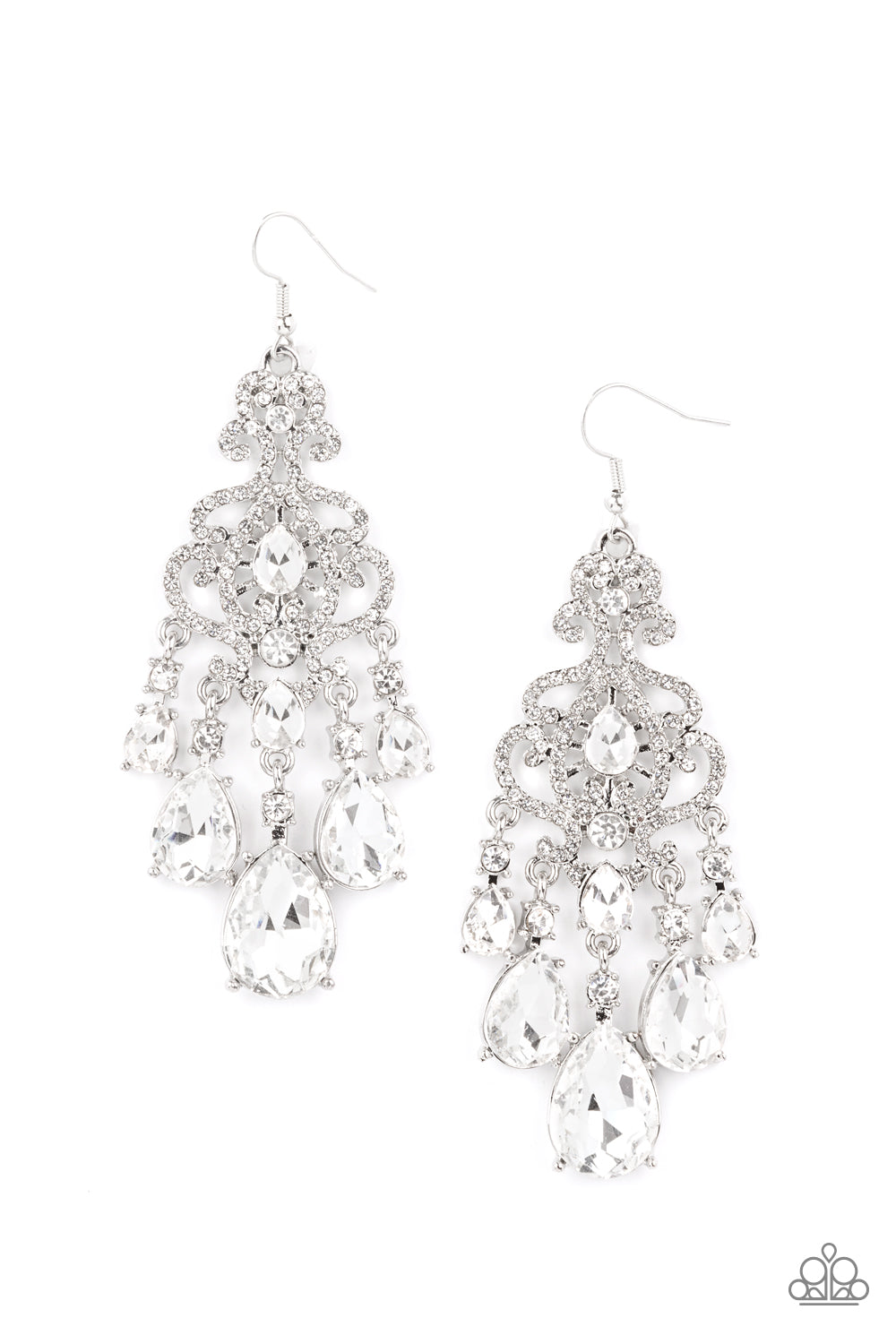 Paparazzi Accessories Queen of All Things Sparkly - White Earrings gradually increasing in size, glassy white teardrop gems create a dramatic fringe at the bottom of a decorative silver frame swirling with dainty white rhinestones for a timelessly over-the-top sparkle. Earring attaches to a standard fishhook fitting. Sold as one pair of earrings.