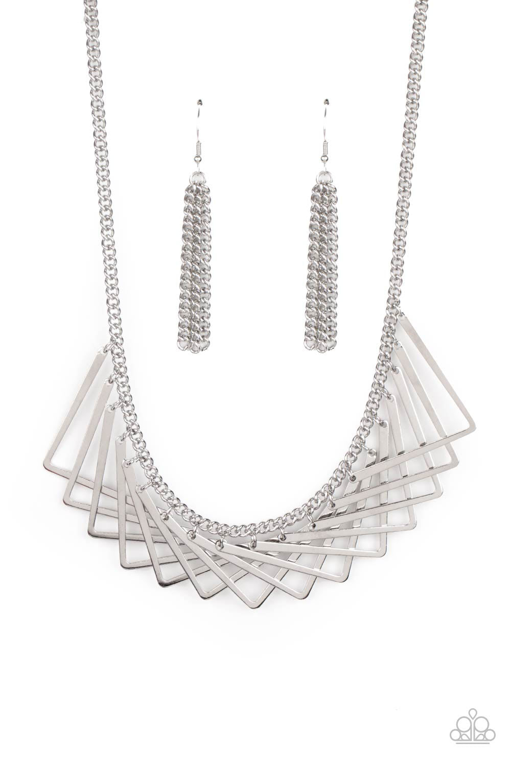 Metro Mirage - Silver Collar Necklaces a shiny collection of silver V-shape frames delicately overlap below the collar, creating an edgy optical illusion. Features an adjustable clasp closure.  Sold as one individual necklace. Includes one pair of matching earrings.  Paparazzi Jewelry is lead and nickel free so it's perfect for sensitive skin too!