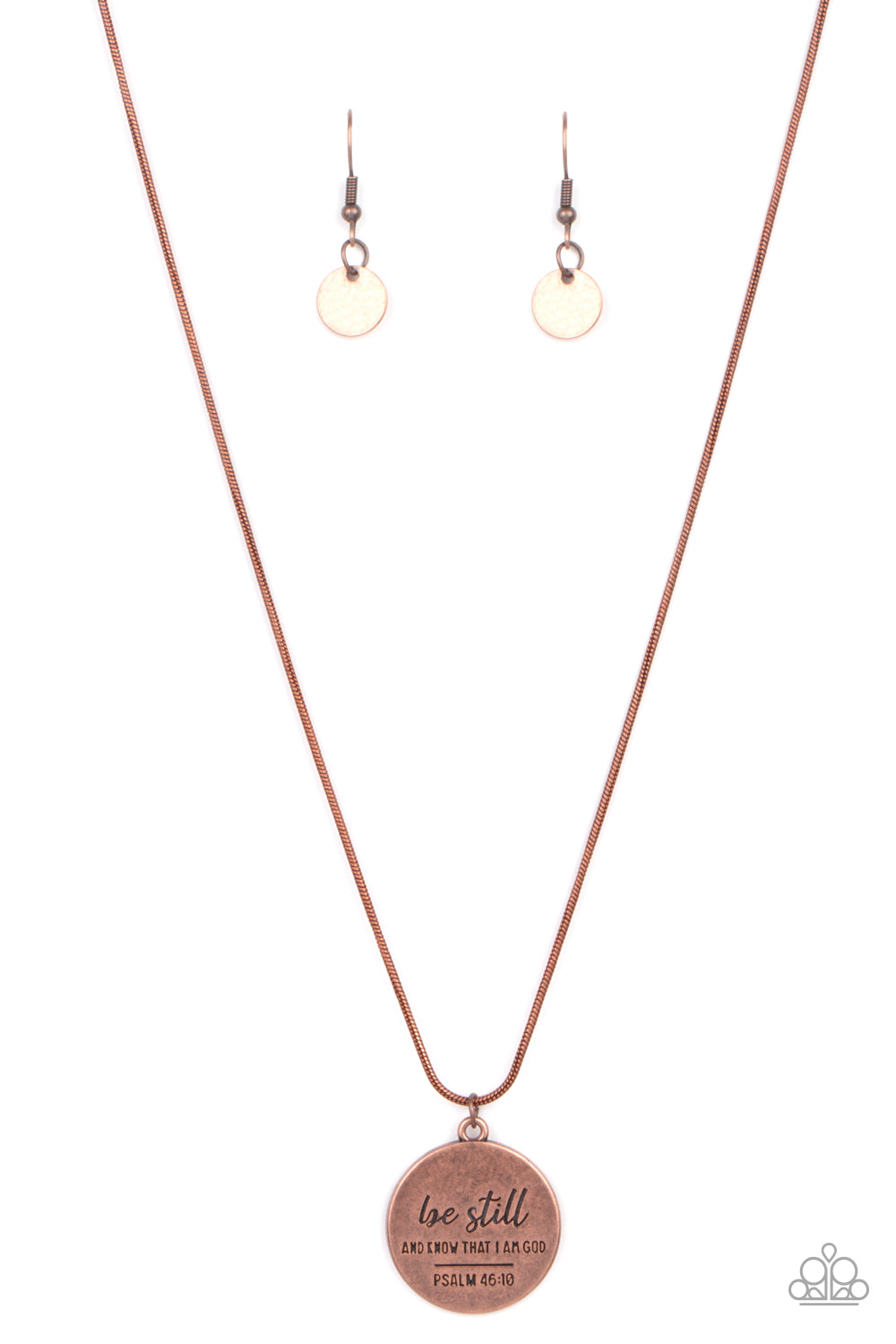 Be Still - Copper Inspirational Necklaces an antiqued copper disc is stamped in the bible verse, "Be still and know that I am God. Psalm 16:13," creating an inspiring pendant below the collar. Features an adjustable clasp closure.