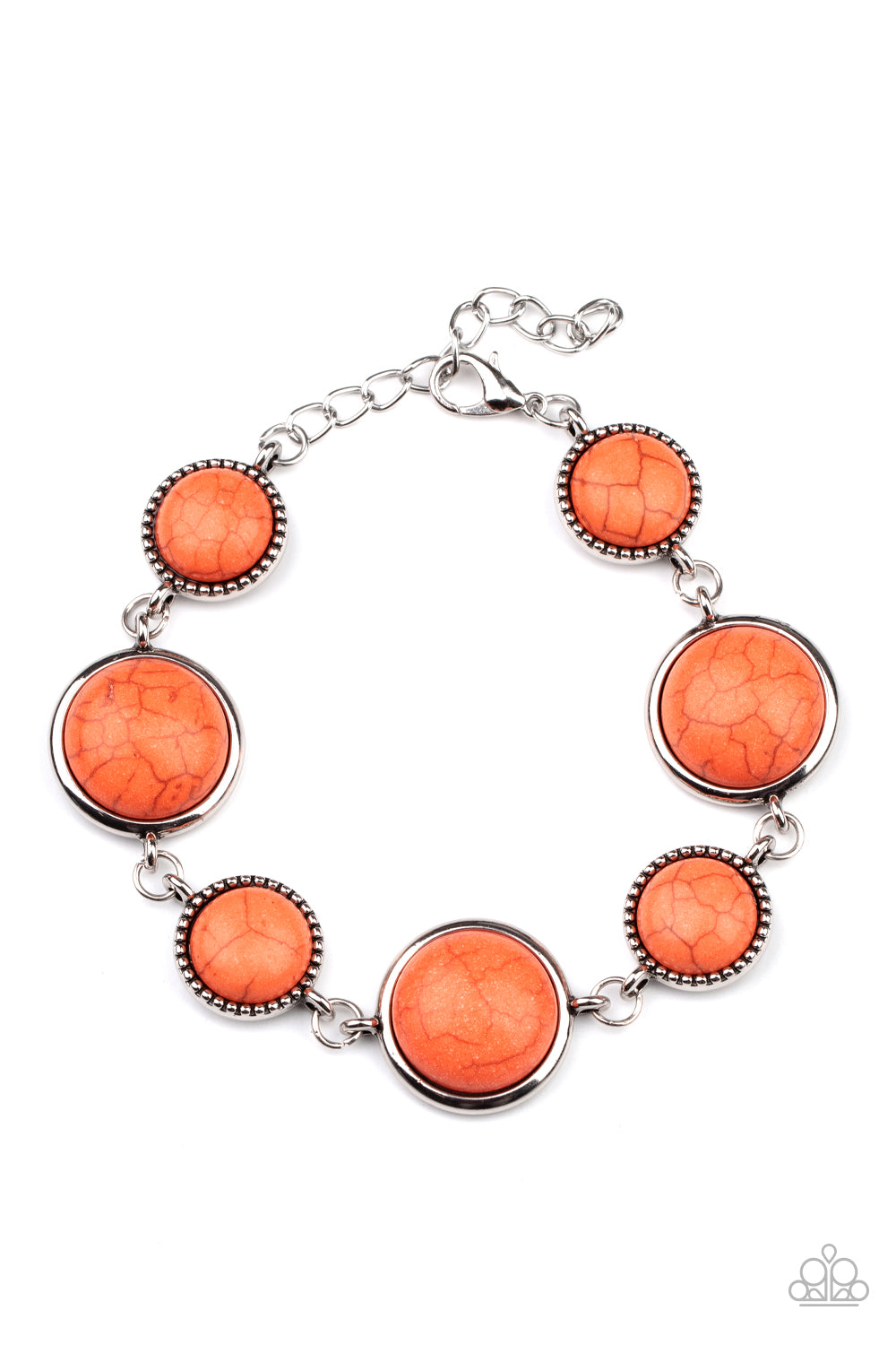 Turn Up the Terra - Orange Stone Bracelets  featuring studded and plain silver frames, small and large orange stones delicately alternate around the wrist for a rustic flair. Features an adjustable clasp closure.  Sold as one individual bracelet.  Get The Complete Look! Necklace: "Terrestrial Trailblazer - Orange" (Sold Separately)  Paparazzi Jewelry is lead and nickel free so it's perfect for sensitive skin too!