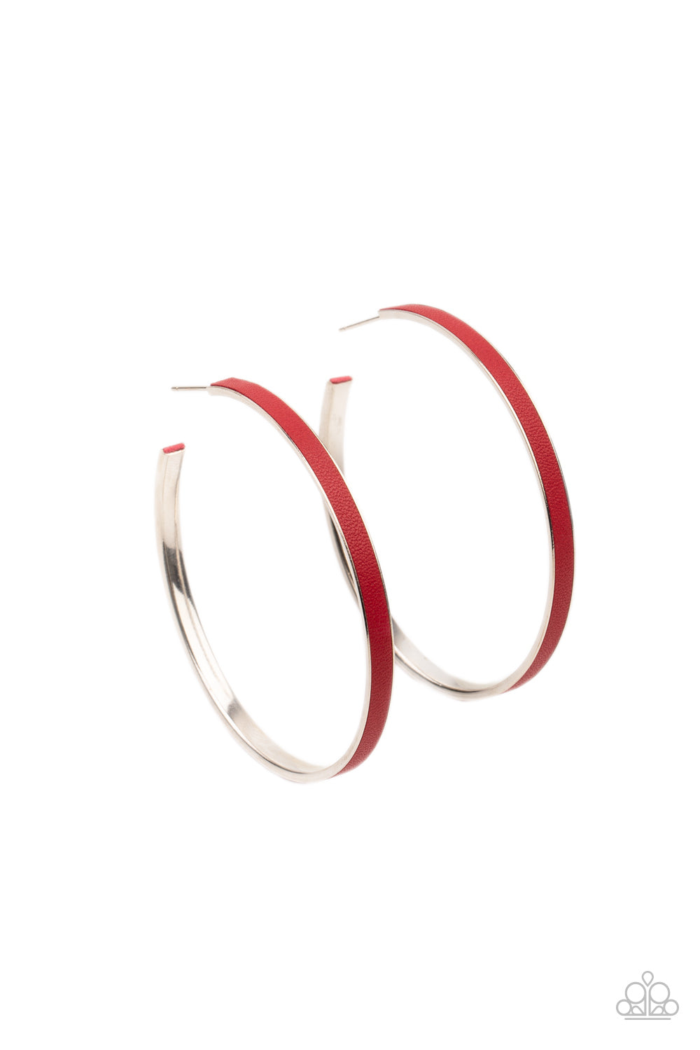 Fearless Flavor - Red Leather Hoop Earrings red leather lace is pressed along the indented spine of a silver hoop, creating a bold pop of color. Earring attaches to a standard post fitting. Hoop measures approximately 2 1/4" in diameter. Sold as one pair of hoop earrings. Paparazzi Jewelry is lead and nickel free so it's perfect for sensitive skin too!