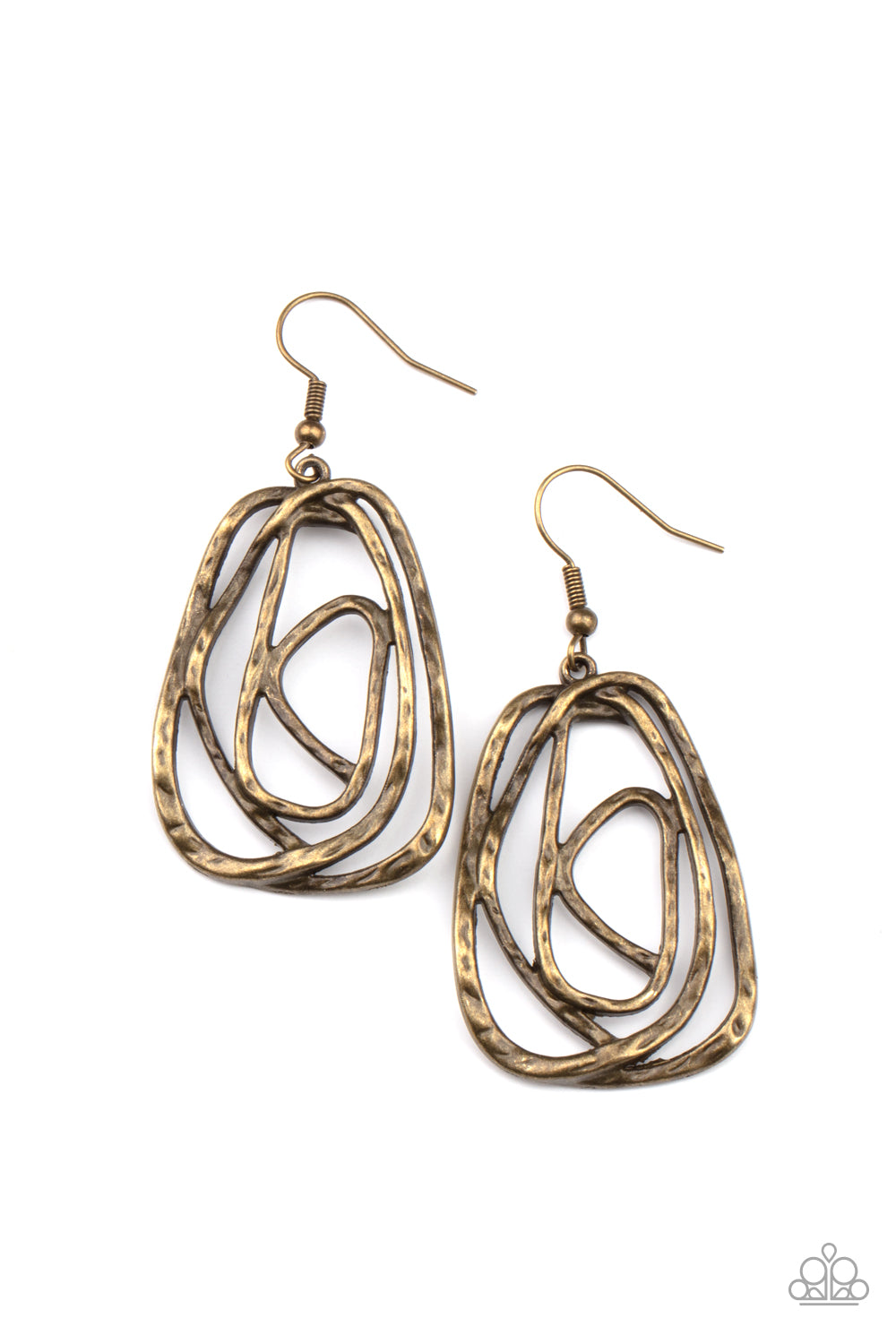 Paparazzi Accessories Artisan Relic - Brass Earrings featuring a hammered finish, a rustic brass wire delicately wraps into an asymmetrical frame for a dizzying artisan inspired look. Earring attaches to a standard fishhook fitting.  Sold as one pair of earrings.