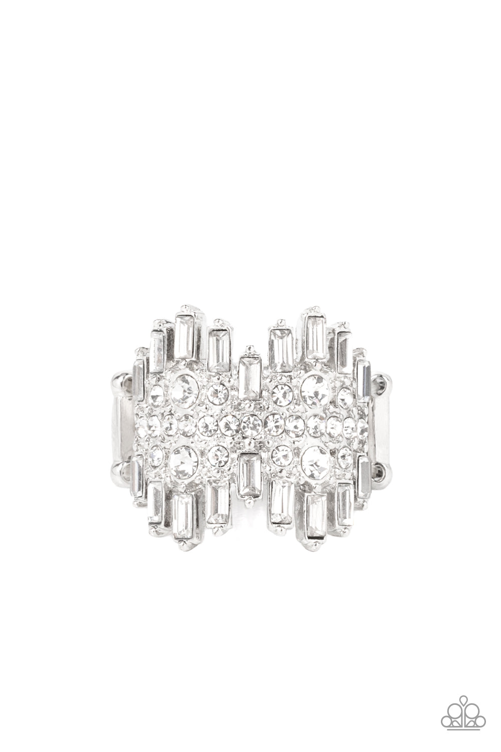 Urban Empire - White Rhinestone Life of The Party Rings staggered rows of emerald cut rhinestones flare out from the top and bottom of an explosion of classic white rhinestones, creating a smoldering statement piece atop the finger. Features a stretchy band for a flexible fit.
Sold as one individual ring.