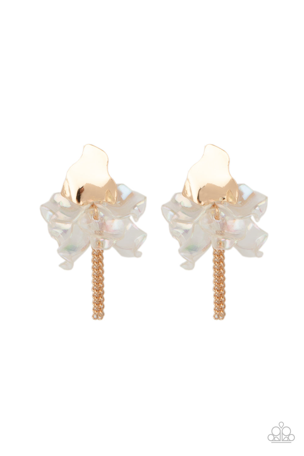 Paparazzi Accessories Harmonically Holographic - Gold Post Earrings dainty gold chains stream out from the bottom of iridescent acrylic petal-like frames that attach to an asymmetrical gold frame, creating an enchanting cluster. Earring attaches to a standard post fitting.  Sold as one pair of post earrings.