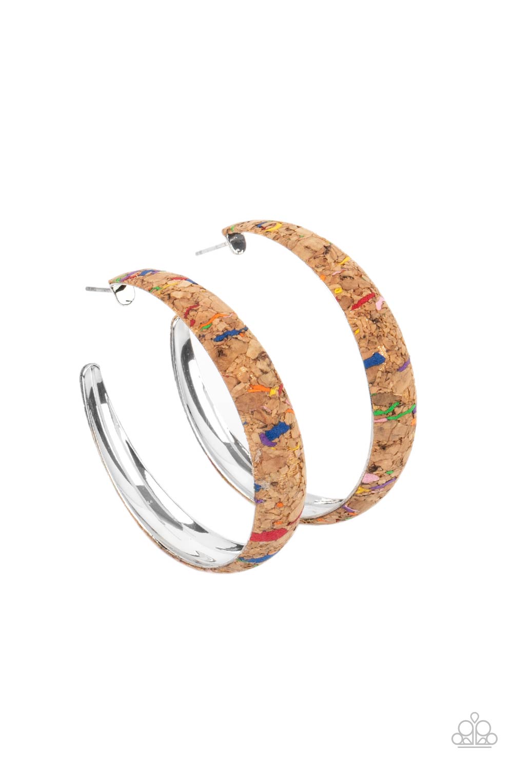 A Cork in the Road - Multi Hoop Earrings a cork lined silver hoop is splattered in multicolored paint, creating a colorful display. Hoop measures approximately 2" in diameter. Earring attaches to a standard post fitting. Sold as one pair of hoop earrings.