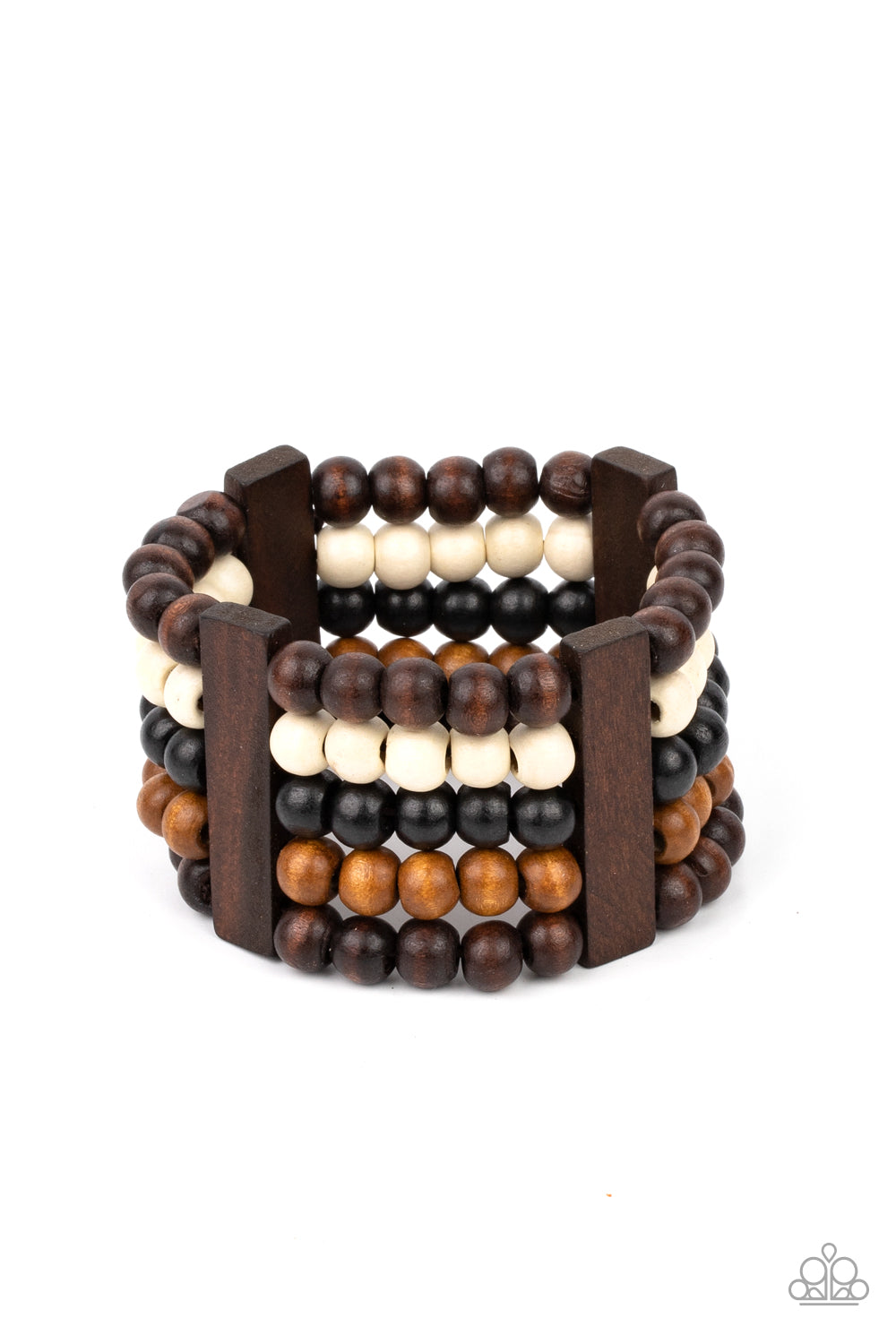 Paparazzi Accessories Caribbean Catwalk - Multi Wood Bracelets held in place by rectangular wooden frames, strands of brown, black, and white wooden beads are threaded along stretchy bands around the wrist for a colorfully tropical look.