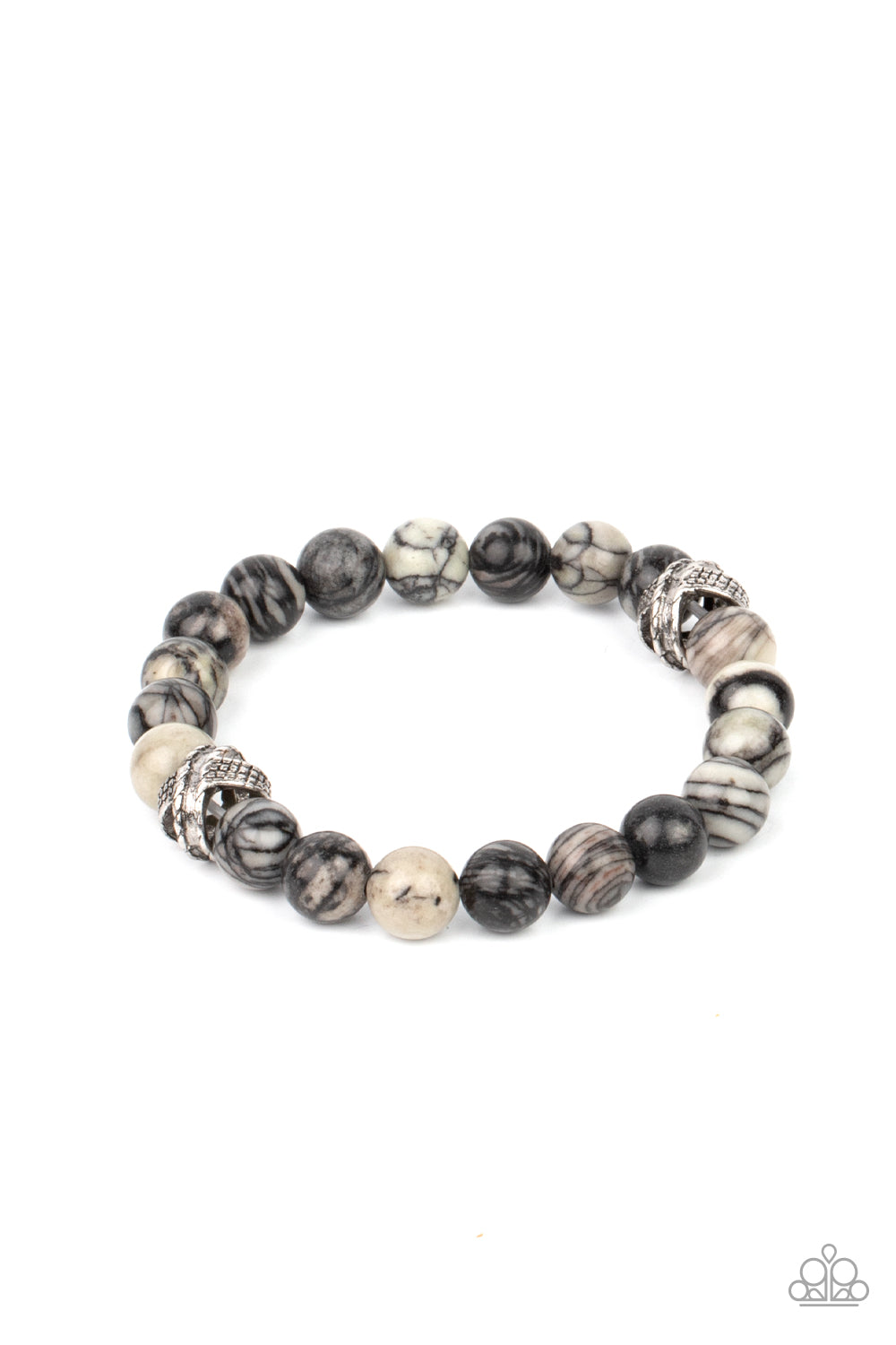 Zen Commandments - Black Urban Bracelets infused with textured silver accents, an earthy collection of swirling black and white stones are threaded along a stretchy band around the wrist for a seasonal fashion. Sold as one individual bracelet. Paparazzi Jewelry is lead and nickel free so it's perfect for sensitive skin too!