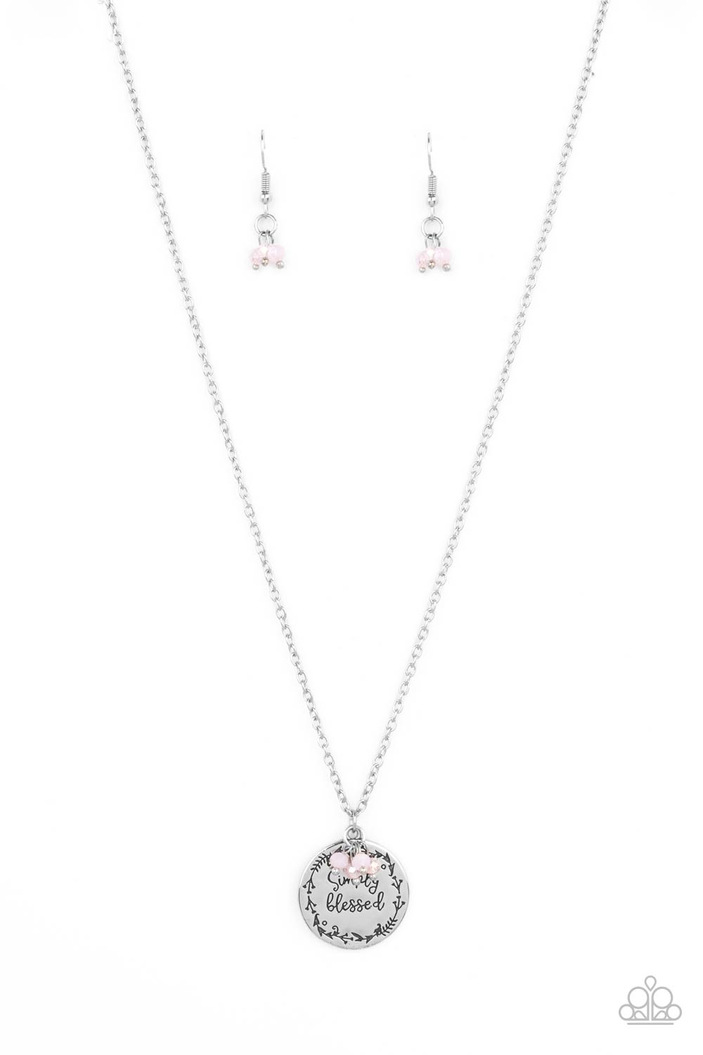 Simply Blessings - Pink Iridescent Inspirational Necklaces bordered in a leafy pattern, a shiny silver disc is stamped with the phrase, "Simply Blessed," joins a dainty cluster of iridescent and opaque pink crystal-like beads at the bottom of a chain, creating an inspirational pendant below the collar. Features an adjustable clasp closure.