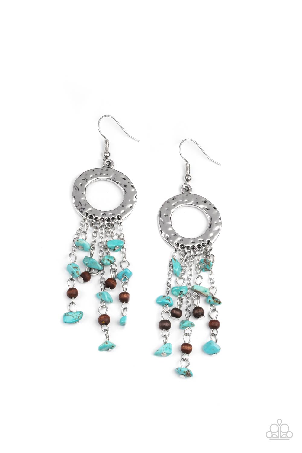 Paparazzi Accessories Primal Prestige - Blue Fishhook Earrings tapered tassels of dainty wooden beads and turquoise pebbles stream from the bottom of a hammered silver hoop, creating an earthy fringe. Earring attaches to a standard fishhook fitting.