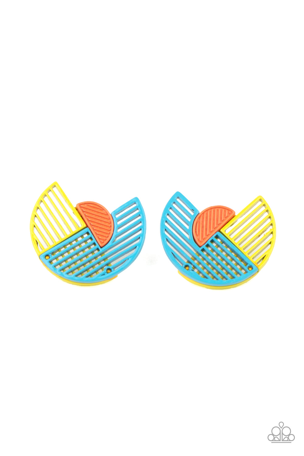Paparazzi Accessories It's Just an Expression - Blue Post Earrings featuring airy stenciled linear patterns, overlapping blue and yellow crescent shaped frames gather around a dainty orange crescent frame, creating a modern display. Earring attaches to a standard post fitting.