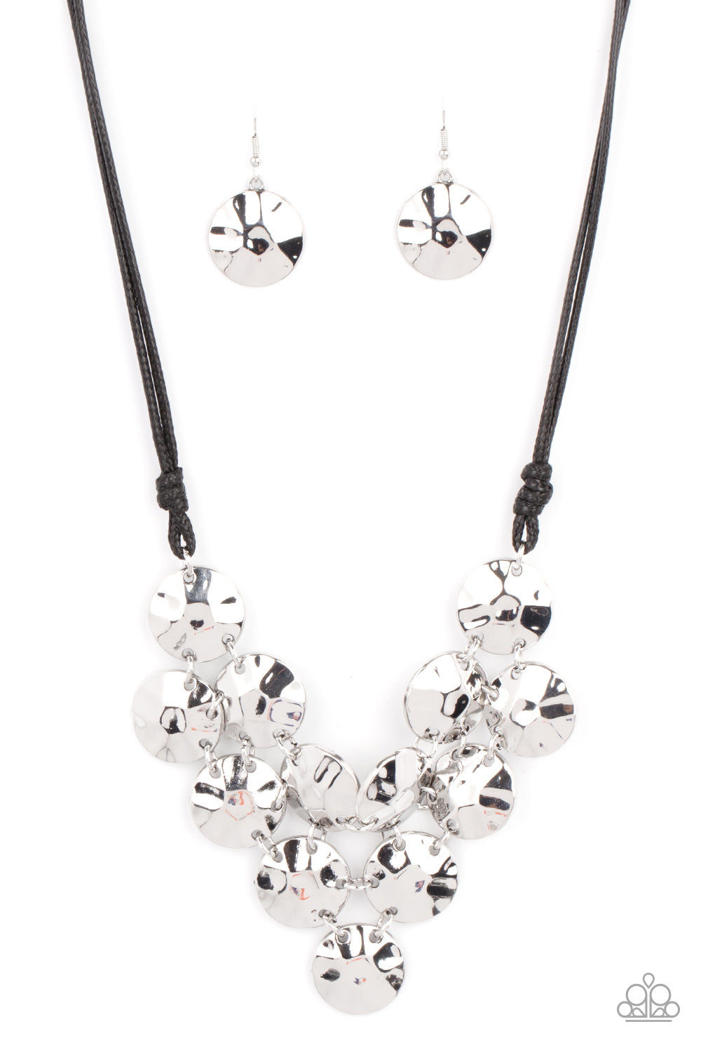 Token Treasure - Black Hammered Necklaces featuring a hammered finish, a collection of shiny silver discs delicately connect into a netted pendant at the bottom of knotted black cords for a statement-making look. Features an adjustable clasp closure.  Sold as one individual necklace. Includes one pair of matching earrings.
