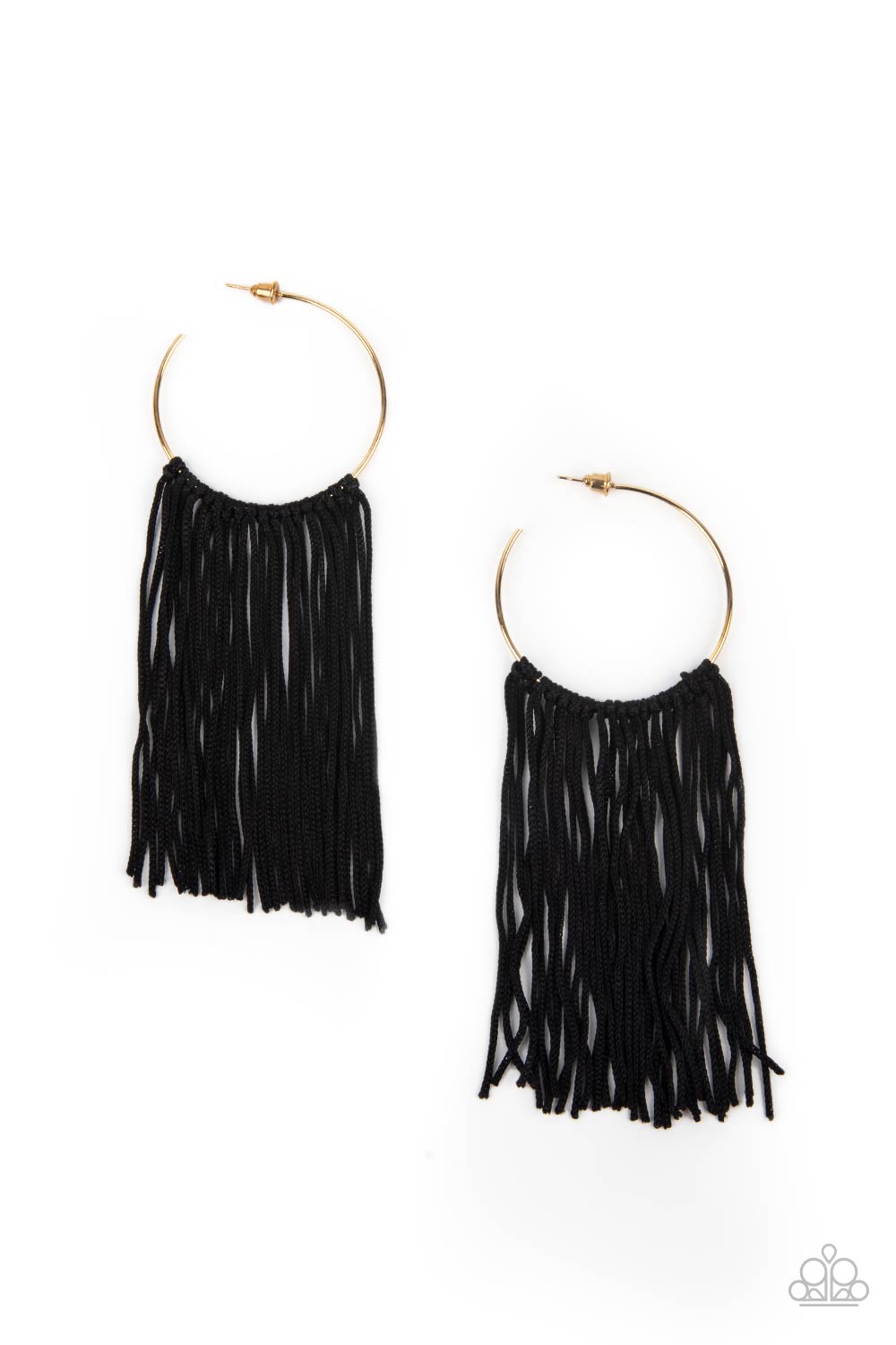 Flauntable Fringe - Gold Hoop Fringe Earrings curtain of black cords stream from the center of a dainty gold hoop, creating a glamorous fringe. Earring attaches to a standard post fitting. Hoop measures approximately 1 3/4" in diameter.  Sold as one pair of hoop earrings.