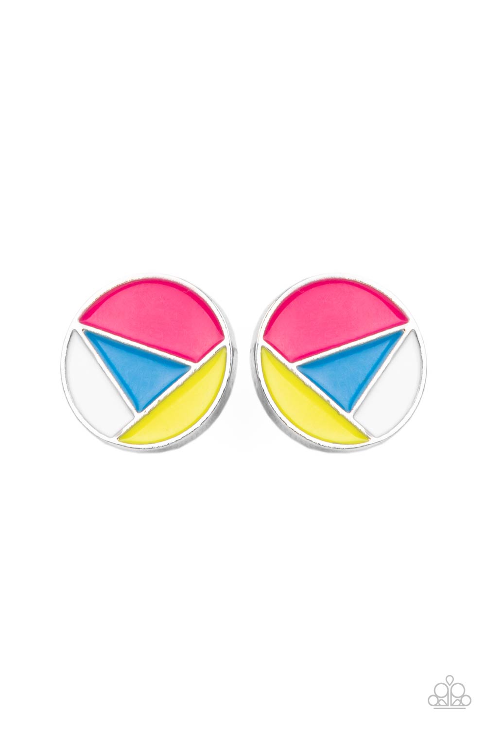 Paparazzi Accessories Artistic Experience - Multi Earrings a dainty round frame is painted in pink, blue, yellow, and white geometric sections, creating an abstract display. Earring attaches to a standard post fitting. Sold as one pair of post earrings.