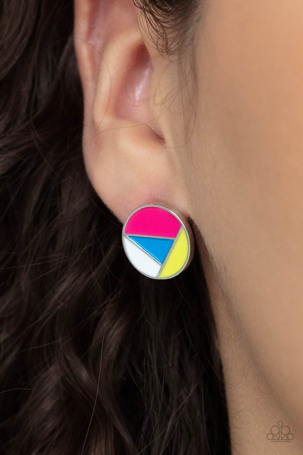 Paparazzi Accessories Artistic Experience - Multi Earrings a dainty round frame is painted in pink, blue, yellow, and white geometric sections, creating an abstract display. Earring attaches to a standard post fitting. Sold as one pair of post earrings.