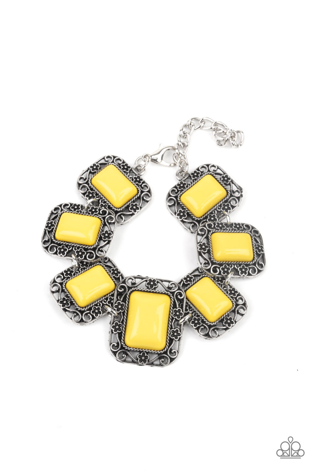 Paparazzi Accessories Retro Rodeo - Yellow Bracelets flirty collection of Illuminating rectangular beads are bordered by rustic floral filigree filled frames as they delicately link around the wrist for a whimsical flair. Features an adjustable clasp closure. Sold as one individual bracelet.