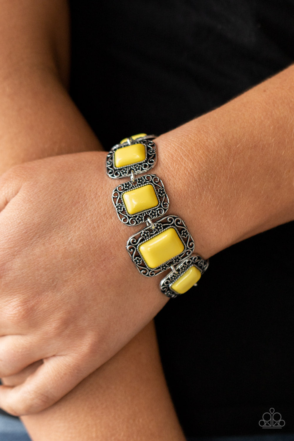 Paparazzi Accessories Retro Rodeo - Yellow Bracelets flirty collection of Illuminating rectangular beads are bordered by rustic floral filigree filled frames as they delicately link around the wrist for a whimsical flair. Features an adjustable clasp closure. Sold as one individual bracelet.