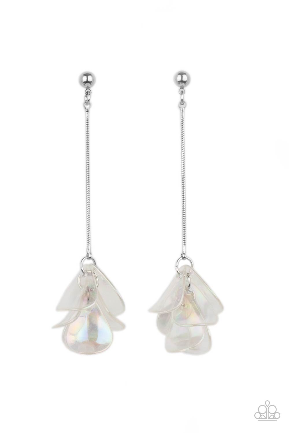 Paparazzi Accessories Keep Them in Suspense - Multi Earrings iridescent acrylic petals delicately clusterat the bottom of a shiny silver chain, creating an ethereal tassel. Earring attaches to a standard post fitting.  Sold as one pair of post earrings.  Paparazzi Jewelry is lead and nickel free so it's perfect for sensitive skin too!