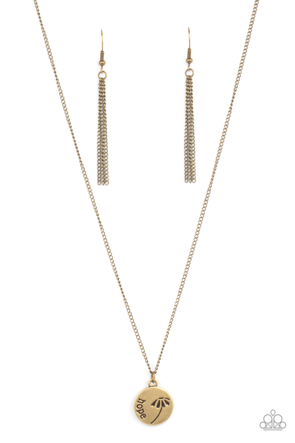 Hold On To Hope - Brass Inspirational Necklaces stamped in a whimsical flower, a dainty brass disc is stamped in the word, "Hope," creating an inspirational pendant below the collar. Features an adjustable clasp closure. Sold as one individual necklace. Includes one pair of matching earrings. Paparazzi Jewelry is lead and nickel free so it's perfect for sensitive skin too!