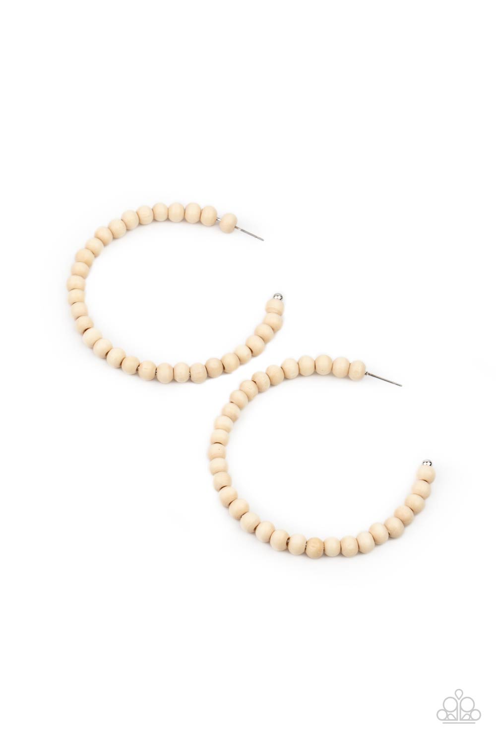 Should Have, Could Have, WOOD Have - White Wood Hoop Earrings white wooden beads are threaded along a dainty wire, creating an earthy hoop. Earring attaches to a standard post fitting. Hoop measures approximately 2 1/2" in diameter.  Sold as one pair of hoop earrings.