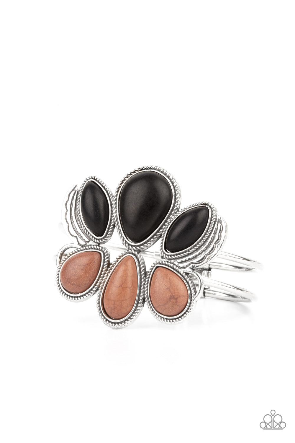 Botanical Badlands - Multi Hinged Bracelets encased in antiqued silver rope-like frames, a colorful collection of black and brown stone teardrops stack into a rustic centerpiece atop a layered silver cuff. Features an adjustable hinged closure. Sold as one individual bracelet. Paparazzi Jewelry is lead and nickel free so it's perfect for sensitive skin too!