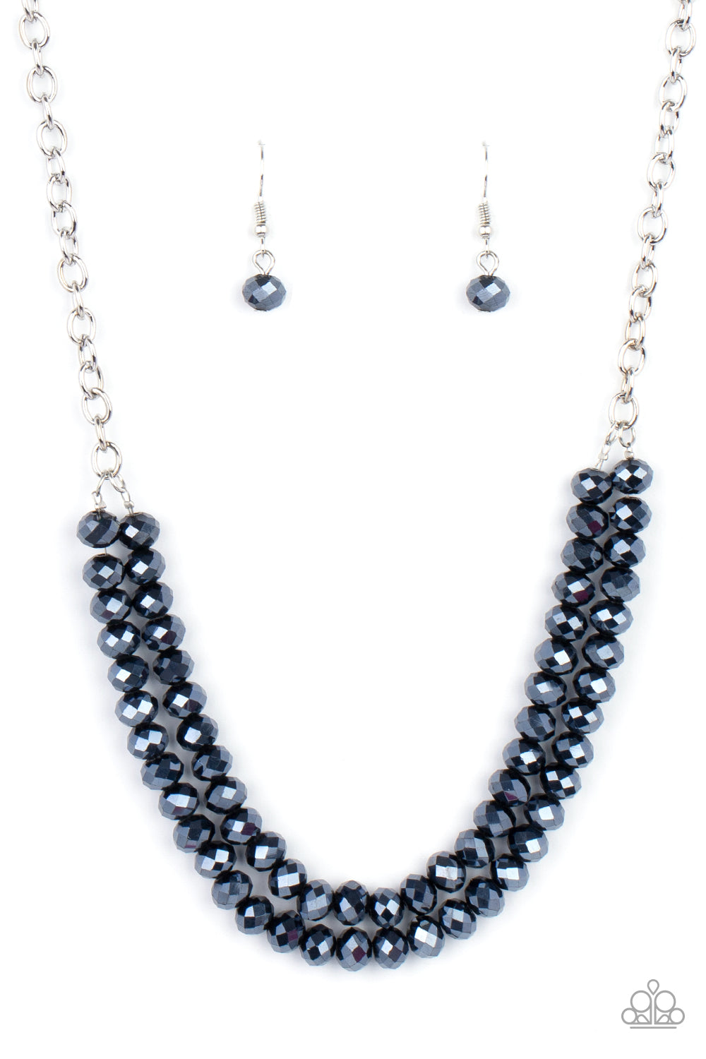 Paparazzi Accessories May The FIERCE Be With You - Blue Necklaces a sturdy silver chain connects double strands of Inkwell beads. The reflective multi-faceted beads connect below the collar for a fiercely stunning style. Features an adjustable clasp closure.