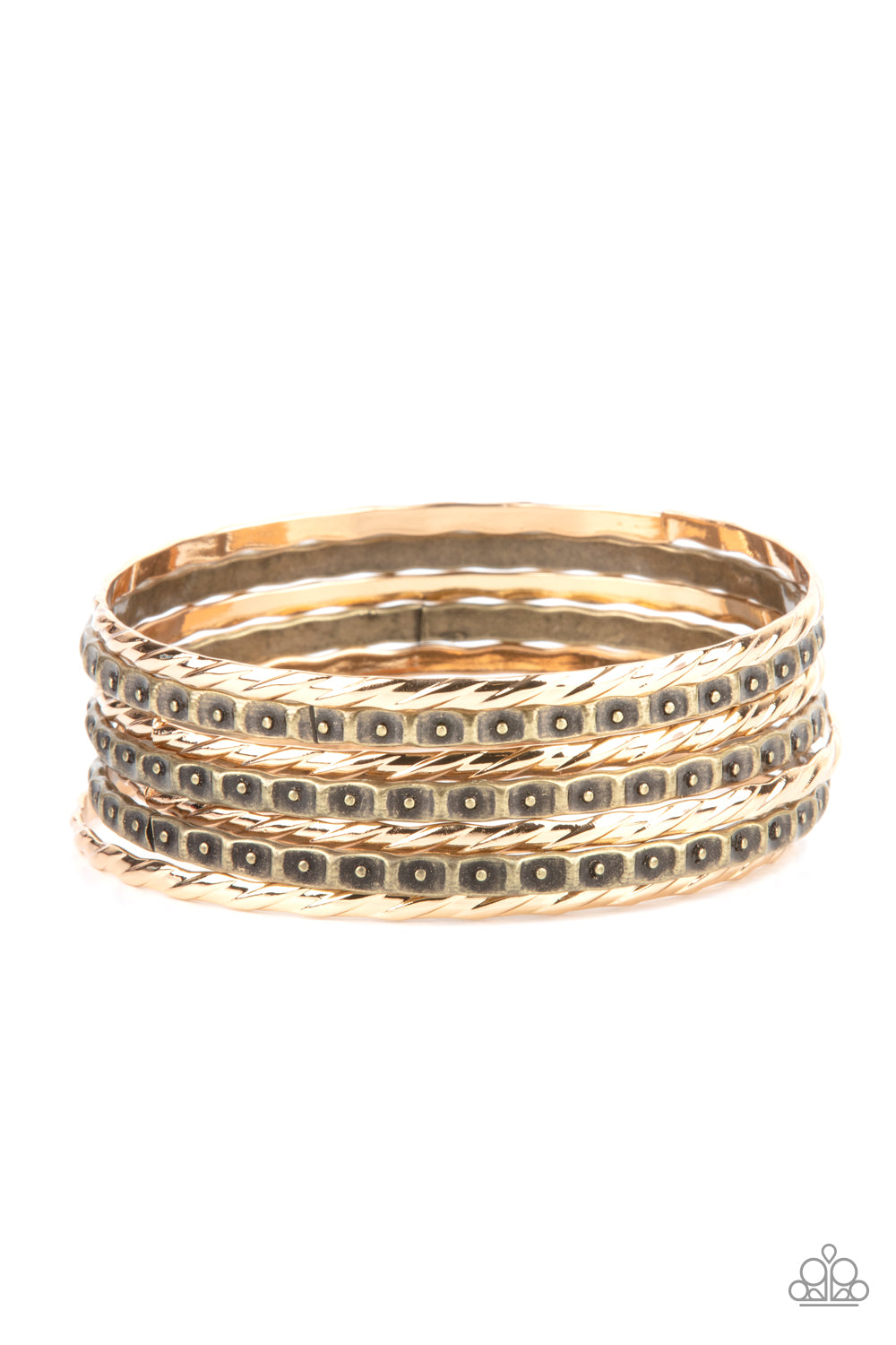 Paparazzi Accessories Back-To-Back Stacks - Multi Bracelets embossed in slanted ribbons of textured and studded hammered patterns, trios of mismatched brass and gold bangles stack across the wrist for an intense industrial vibe. Sold as one set of six bracelets.
