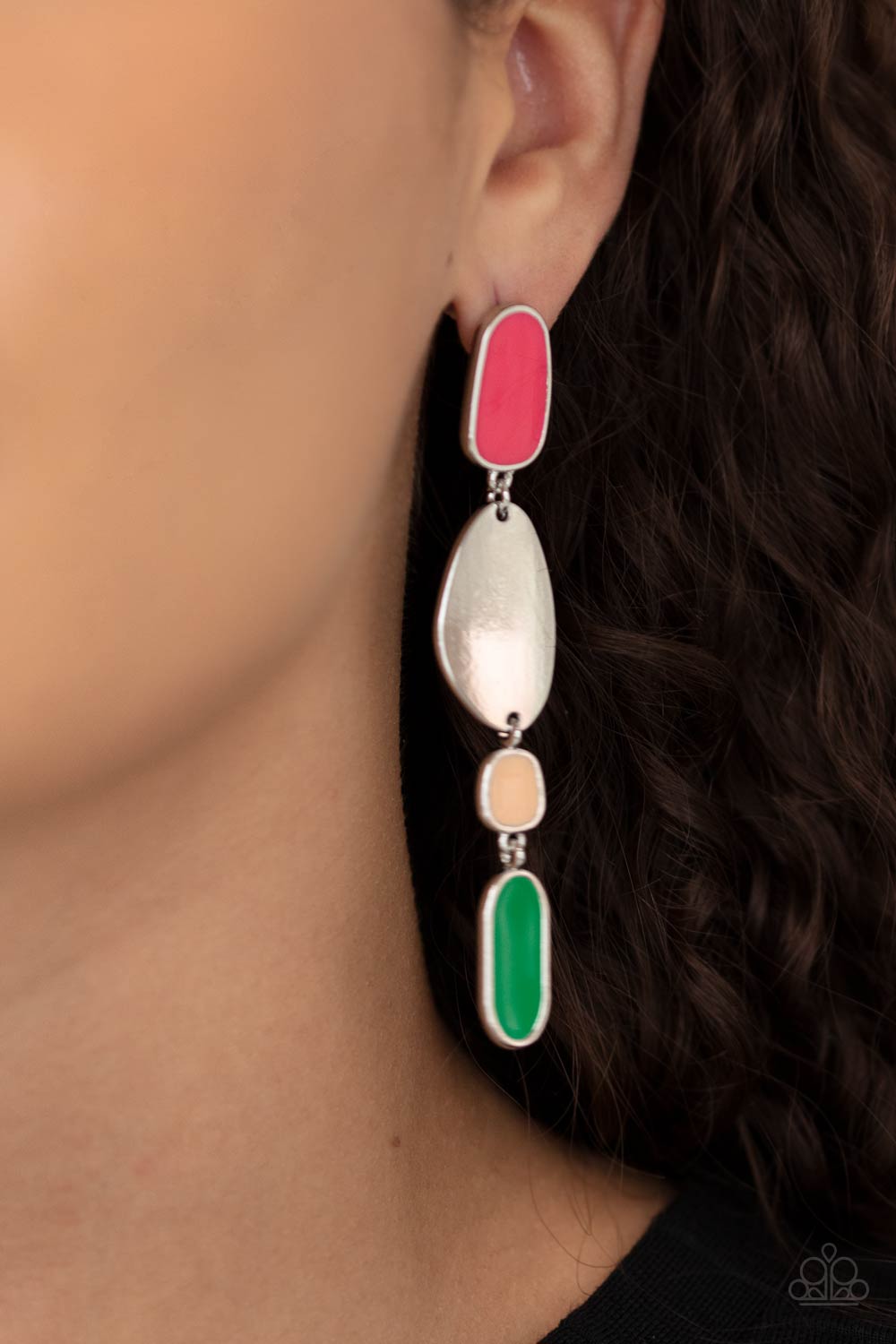 Deco by Design - Multi Earrings painted in shiny Raspberry Sorbet, Desert Mist, and Mint finishes, a collection of asymmetrical frames link with a glistening silver frame, creating an abstract lure. Earring attaches to a standard post fitting. Sold as one pair of post earrings. Paparazzi Jewelry is lead and nickel free so it's perfect for sensitive skin too!