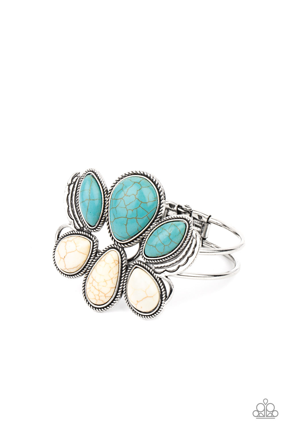 Paparazzi Accessories Botanical Badlands - White Bracelets encased in rope-like silver accents, a series of oversized oval and teardrop turquoise and white stone frames stack into a lotus-like floral frame atop a layered silver cuff. Features a hinged closure. Sold as one individual bracelet. Paparazzi Jewelry is lead and nickel free so it's perfect for sensitive skin too!