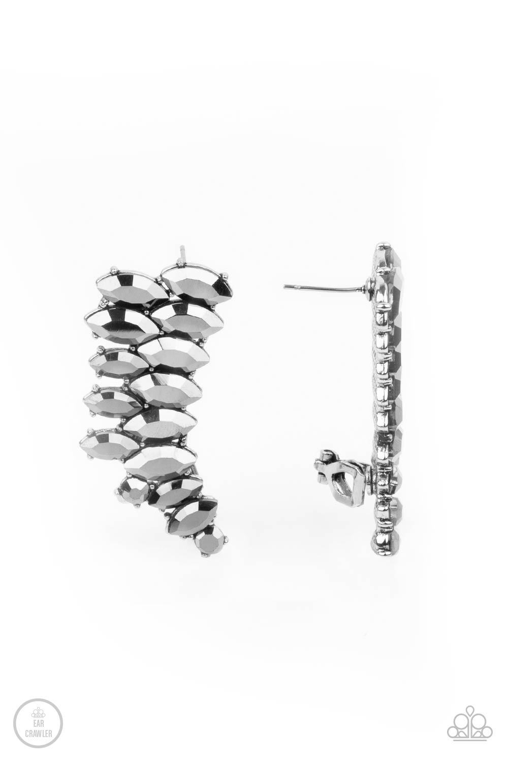 Explosive Elegance - Silver Ear Crawler Earrings an explosion of marquise-cut hematite rhinestones delicately climb the ear, coalescing into a smoldering frame. Earring attaches to a standard post fitting. Features a clip-on fitting at the top for a secure fit.  Sold as one pair of post earrings.