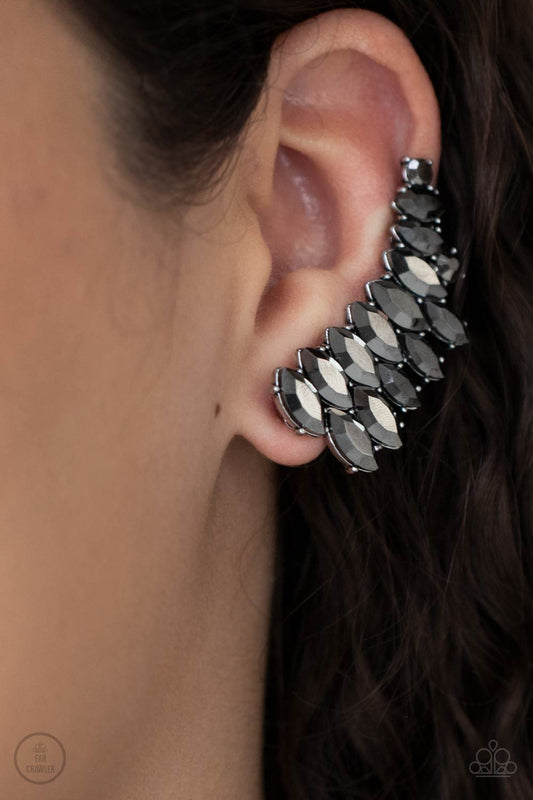 Explosive Elegance - Silver Ear Crawler Earrings an explosion of marquise-cut hematite rhinestones delicately climb the ear, coalescing into a smoldering frame. Earring attaches to a standard post fitting. Features a clip-on fitting at the top for a secure fit.  Sold as one pair of post earrings.