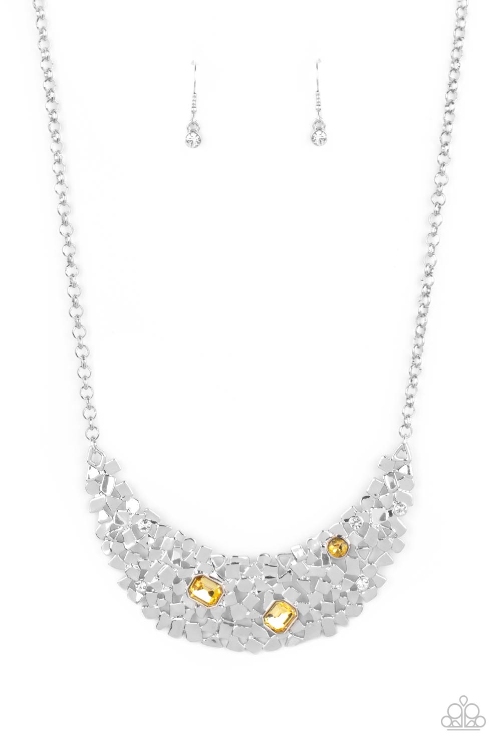 Paparazzi Accessories Fabulously Fragmented - Yellow Necklaces sporadically dotted in mismatched yellow and white rhinestones, a smattering of fragmented silver frames coalesce into a bold half moon below the collar for an edgy fashion. Features an adjustable clasp closure. Sold as one individual necklace. Includes one pair of matching earrings. Paparazzi Jewelry is lead and nickel free so it's perfect for sensitive skin too!