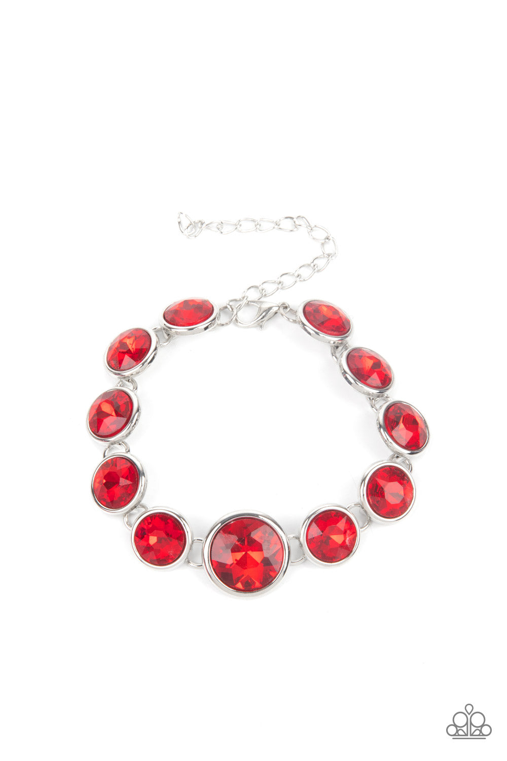 Lustrous Luminosity - Red Rhinestone Bracelets featuring sleek silver fittings, an oversized collection of fiery red gems delicately link around the wrist. The centermost gem is slightly larger than the rest, adding a glamorous finish. Features an adjustable clasp closure.  Sold as one individual bracelet.  Paparazzi Jewelry is lead and nickel free so it's perfect for sensitive skin too!