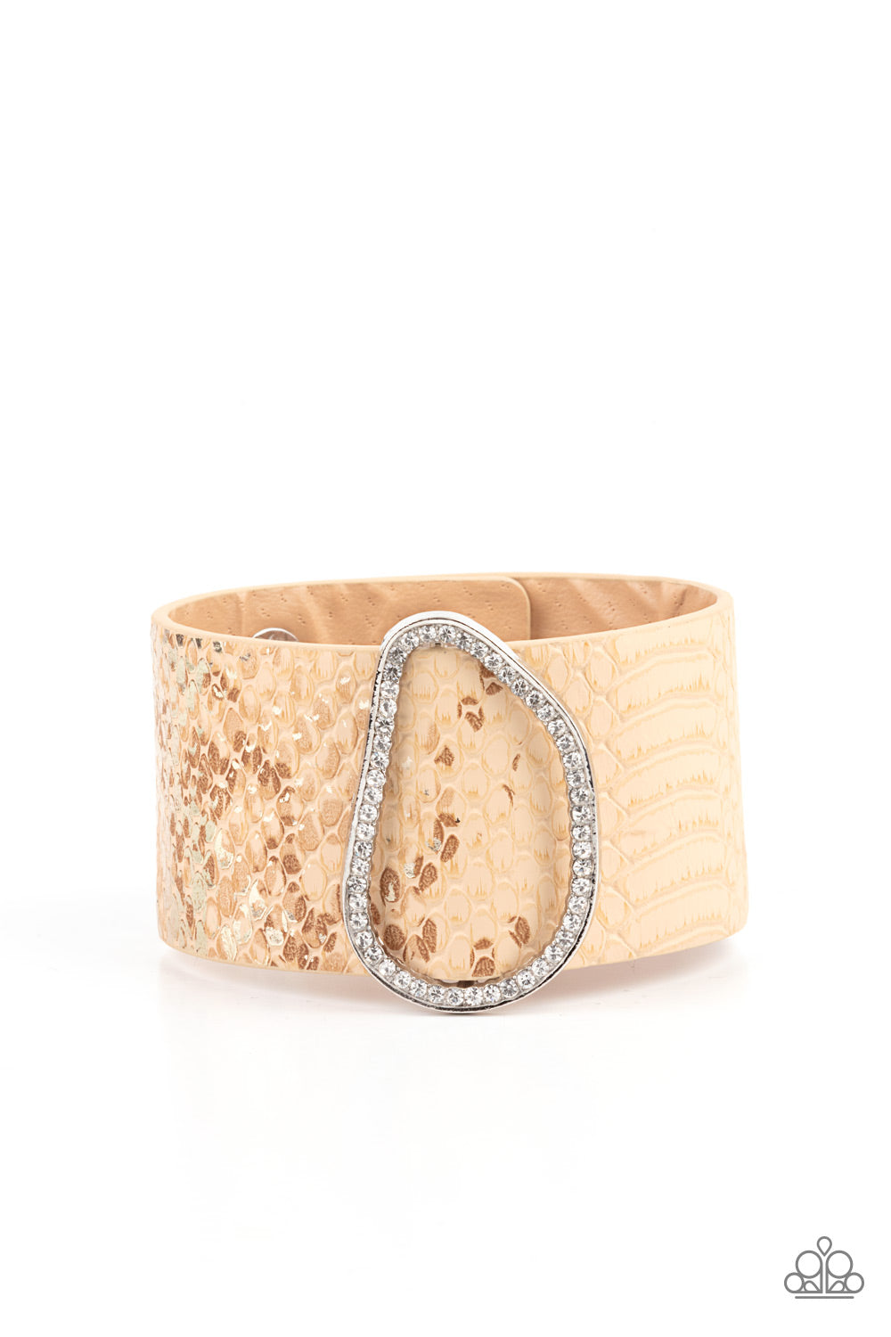 HISS-TORY In the Making - Brown Wrap Bracelets En&ncrusted with glassy white rhinestones, an asymmetrical silver fitting glides along a tan leather band adorned in a golden metallic python print for a wild look. Features an adjustable snap closure. Sold as one individual bracelet. Paparazzi Jewelry is lead and nickel free so it's perfect for sensitive skin too!