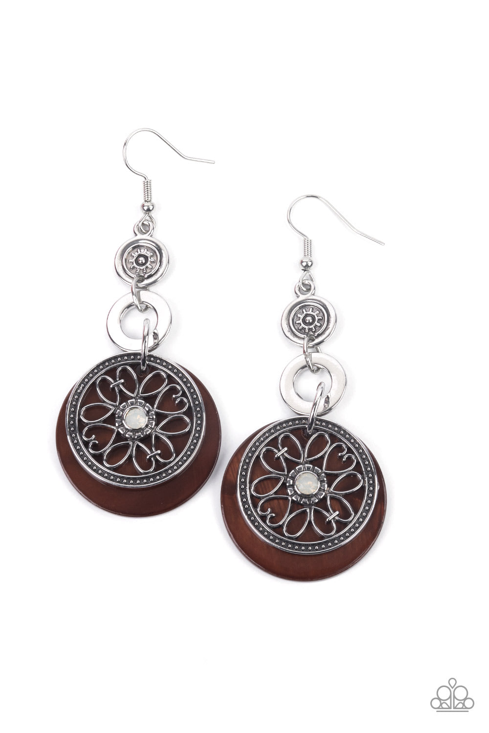 Paparazzi Accessories Royal Marina - Brown Fishhook Earrings reminiscent of an eclipse, an airy silver ring radiating with ornate petals, sways in front of a brown shell-like disc. Silver rings in graduating sizes cascade from the top for a whimsically nautical look. Earring attaches to a standard fishhook fitting. Sold as one pair of earrings.