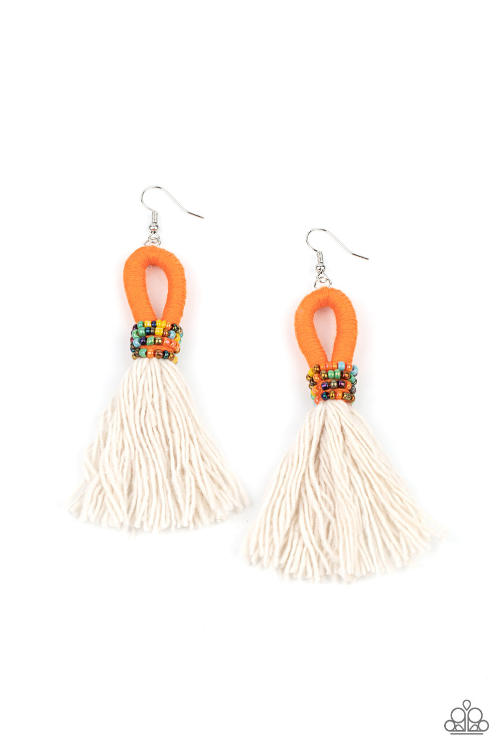 The Dustup - Orange Earrings a tassel of soft white cotton fans out under rows of brightly colored seed beads. Anchored by a loop of vibrant orange floss, the eye-catching style swings from the ear for a show-stopping statement. Earring attaches to a standard fishhook fitting. Sold as one pair of earrings. Paparazzi Jewelry is lead and nickel free so it's perfect for sensitive skin too!