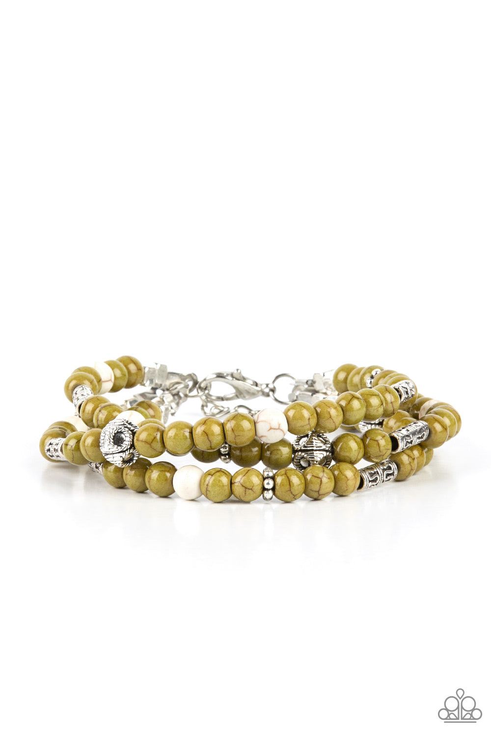 Paparazzi Accessories Desert Decorum - Green Stretchy Bracelets a xollection of Willow and white stone beads, silver cube beads, and ornate silver accents are threaded along invisible bands around the wrist, creating earthy layers. Features an adjustable clasp closure. Sold as one individual bracelet. Paparazzi Jewelry is lead and nickel free so it's perfect for sensitive skin too!
