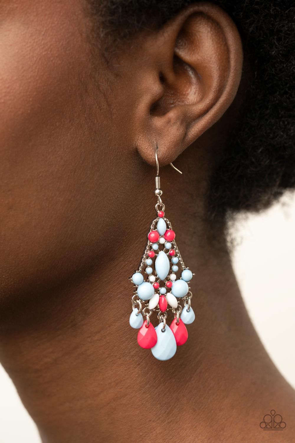 Paparazzi Accessories STAYCATION Home - Multi Earrings  an array of bubbly Cerulean, white, and Raspberry Sorbet beads decoratively adorn the front of a studded silver frame. Faceted teardrops drip from the bottom of the colorful frame, creating a whimsical fringe. Earring attaches to a standard fishhook fitting.  Sold as one pair of earrings.