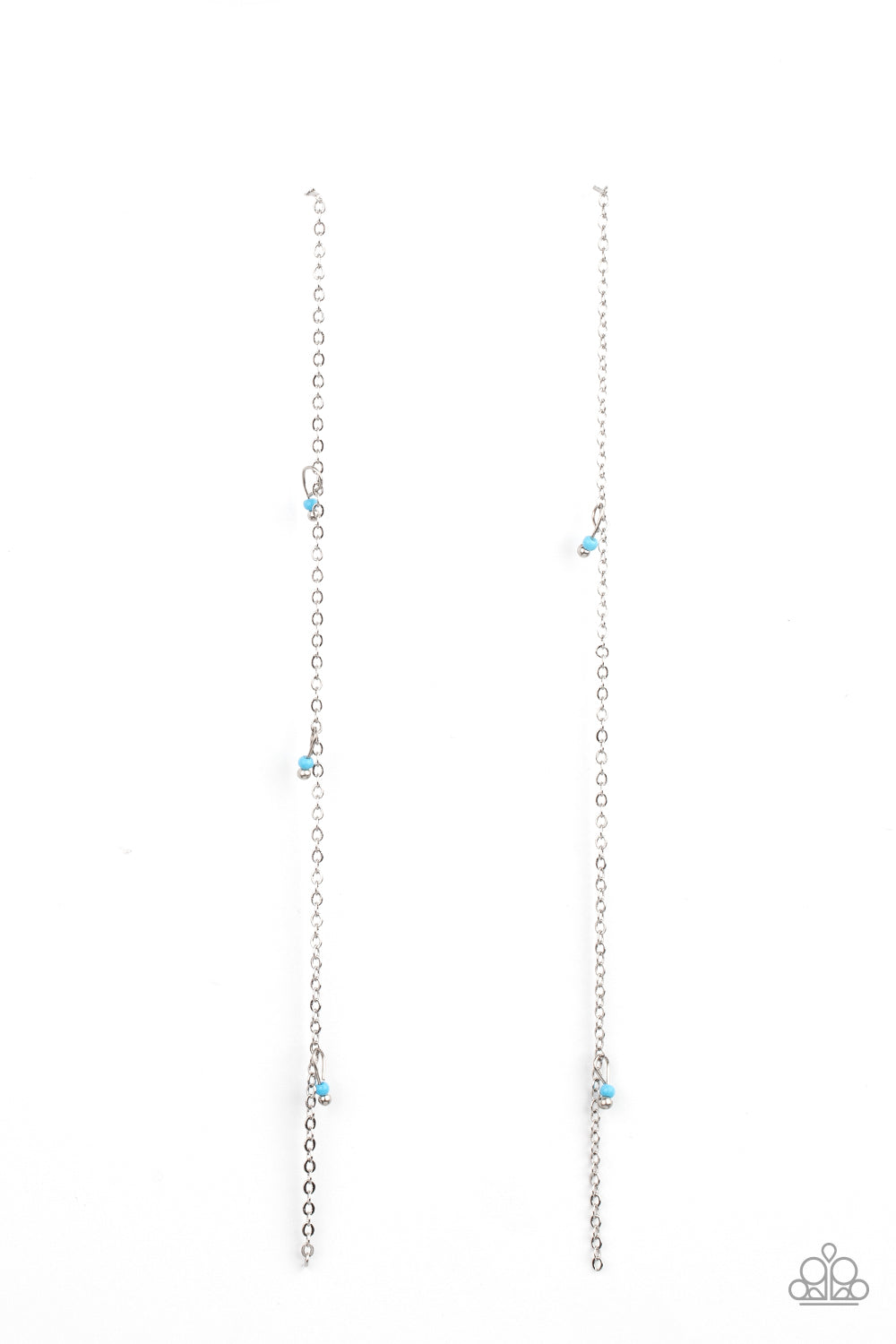 Dauntlessly Dainty - Blue Earrings pairs of dainty silver and Cerulean seed beads trickle along a lengthened silver chain, creating an extended chandelier. Earring attaches to a standard post fitting. Sold as one pair of post earrings. Paparazzi Jewelry is lead and nickel free so it's perfect for sensitive skin too!