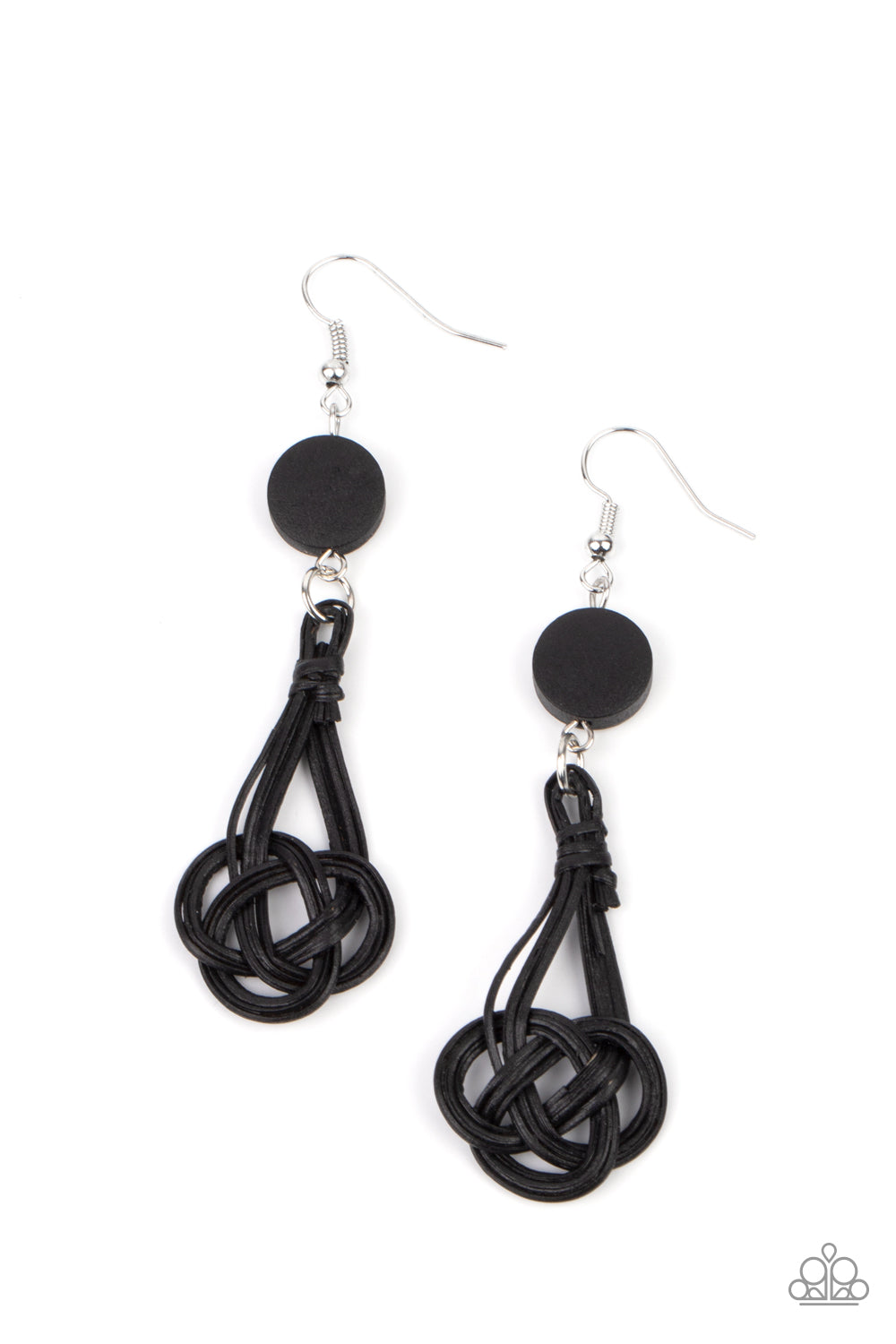 Paparazzi Accessories Twisted Torrents - Black Earrings black wicker-like laces delicately twist into a knotted frame that attaches to a dainty black wooden disc, creating an earthy display. Earring attaches to a standard fishhook fitting.  Sold as one pair of earrings.  Paparazzi Jewelry is lead and nickel free so it's perfect for sensitive skin too!