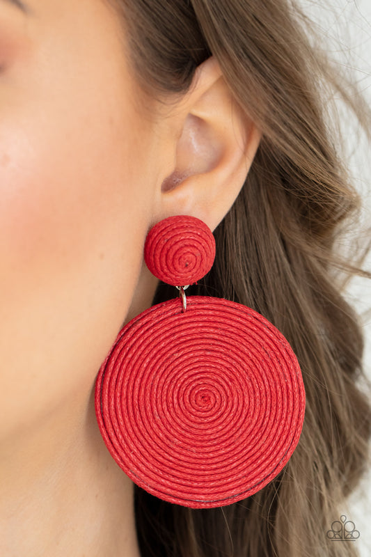Circulate the Room - Red Thread Button Post Earrings a generous disc of red thread spirals around and around for a dizzying finish as it connects to a red button post. Earring attaches to a standard post fitting.  Sold as one pair of post earrings.  Paparazzi Jewelry is lead and nickel free so it's perfect for sensitive skin too!