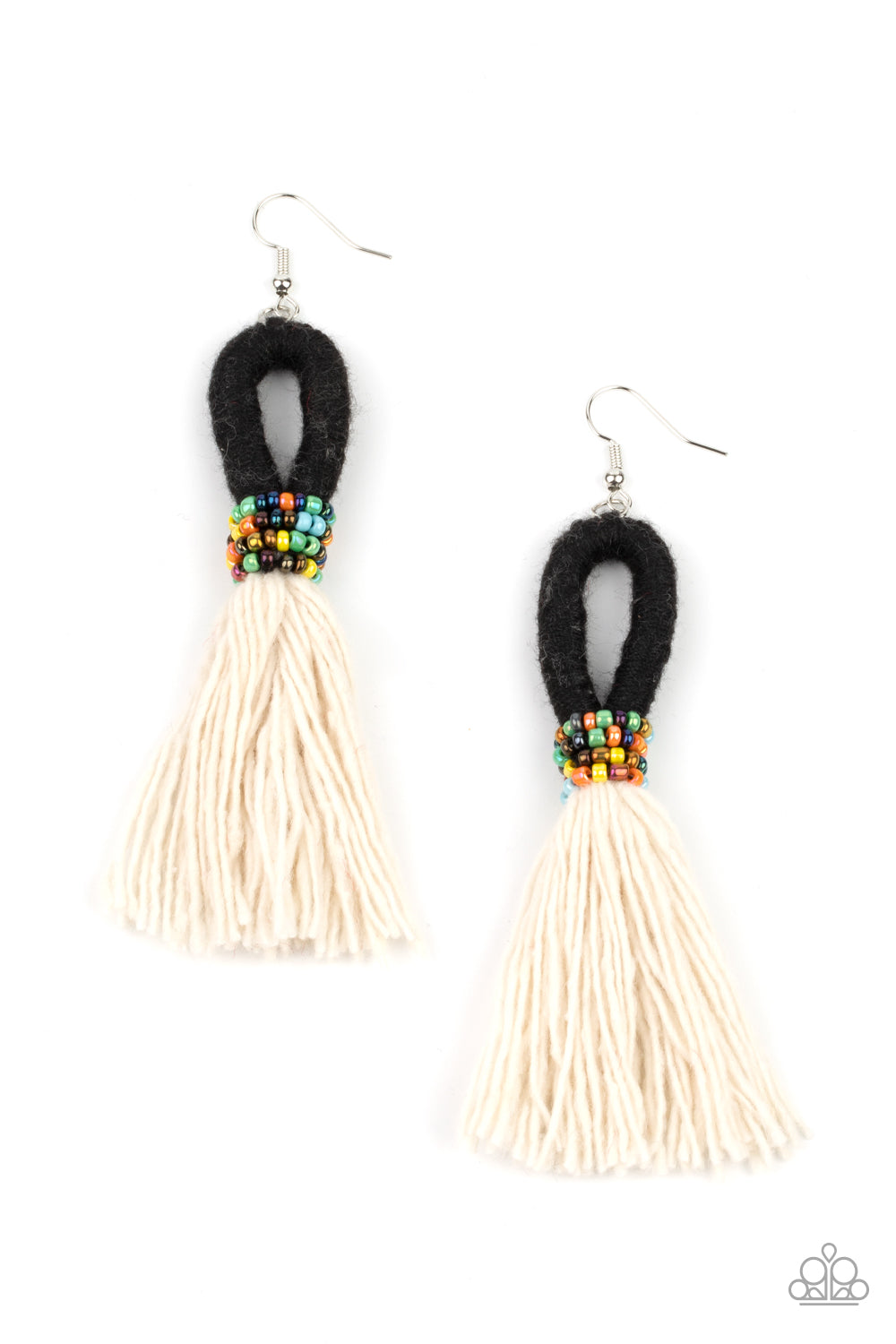 The Dustup - Black Earrings a tassel of soft white cotton fans out under rows of brightly colored seed beads. Anchored by a loop of jet black floss, the eye-catching style swings from the ear for a show-stopping statement. Earring attaches to a standard fishhook fitting. Sold as one pair of earrings. Paparazzi Jewelry is lead and nickel free so it's perfect for sensitive skin too!