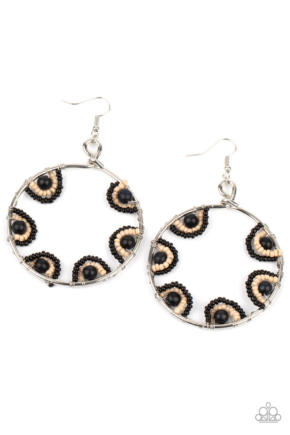 Paparazzi Accessories Off the Rim - Black Seed Bead Earrings Black and Iced Coffee seed beads are threaded on wire and looped over black stones on the inside of a spacious silver hoop. The pattern makes its way around the inside of the circle for an around-the-world air. Earring attaches to a standard fishhook fitting. Sold as one pair of earrings. Paparazzi Jewelry is lead and nickel free so it's perfect for sensitive skin too!