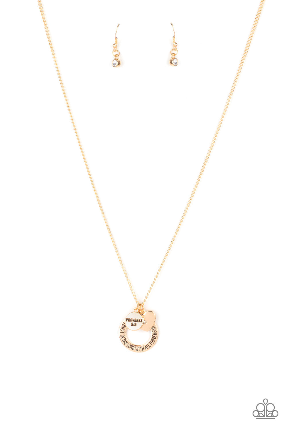 Full of Faith - Gold Inspirational Necklaces dotted with a sparkly white rhinestone, a dainty gold heart joins a gold ring stamped in the biblical passage, "Trust in the Lord with all thine heart," and a gold disc stamped in, "Proverbs 3:5," along the bottom of a lengthened gold chain, creating an inspirational pendant. Features an adjustable clasp closure.