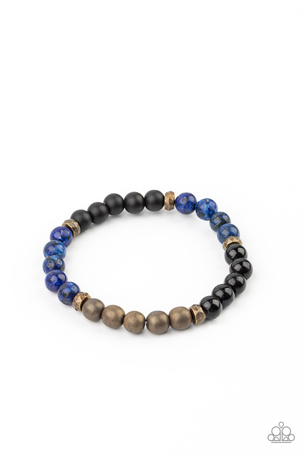 Paparazzi Accessories Petrified Powerhouse - Blue Urban Bracelets a collection of smooth round Lapiz and polished stones, punctuated by faceted antiqued brass beads, are threaded along a stretchy band and wrap around the wrist for an elementally earthy effect.  Sold as one individual bracelet.  Paparazzi Jewelry is lead and nickel free so it's perfect for sensitive skin too!