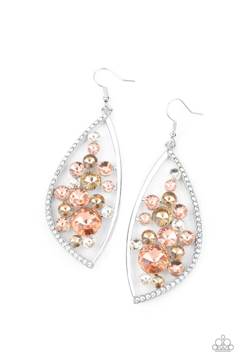 Paparazzi Accessories Sweetly Effervescent - Multi Fishhook Earrings a bubbly collection of peach, white, and golden rhinestones coalesce inside an asymmetrical silver frame. One side of the frame is encrusted in glassy white rhinestones, adding a refined flair to the bubbly lure. Earring attaches to a standard fishhook fitting.