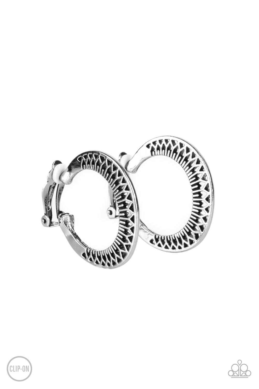 Moon Child Charisma - Silver Clip-On Hoop Earrings stenciled in a petal-like texture, a silver frame delicately curves into a floral patterned hoop. Earring attaches to a standard clip-on fitting. Hoop measures approximately 1 1/2" in diameter.
Sold as one pair of clip-on earrings.