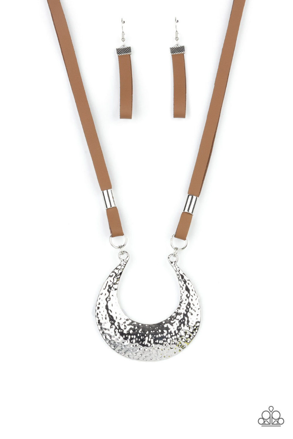 Paparazzi Majorly Moonstruck - Brown Necklaces infused with shiny silver beads, strips of brown leather link to an oversized half moon pendant that is hammered in a blinding silver finish, creating a rustic statement piece below the collar. Features an adjustable clasp closure.  Sold as one individual necklace. Includes one pair of matching earrings.