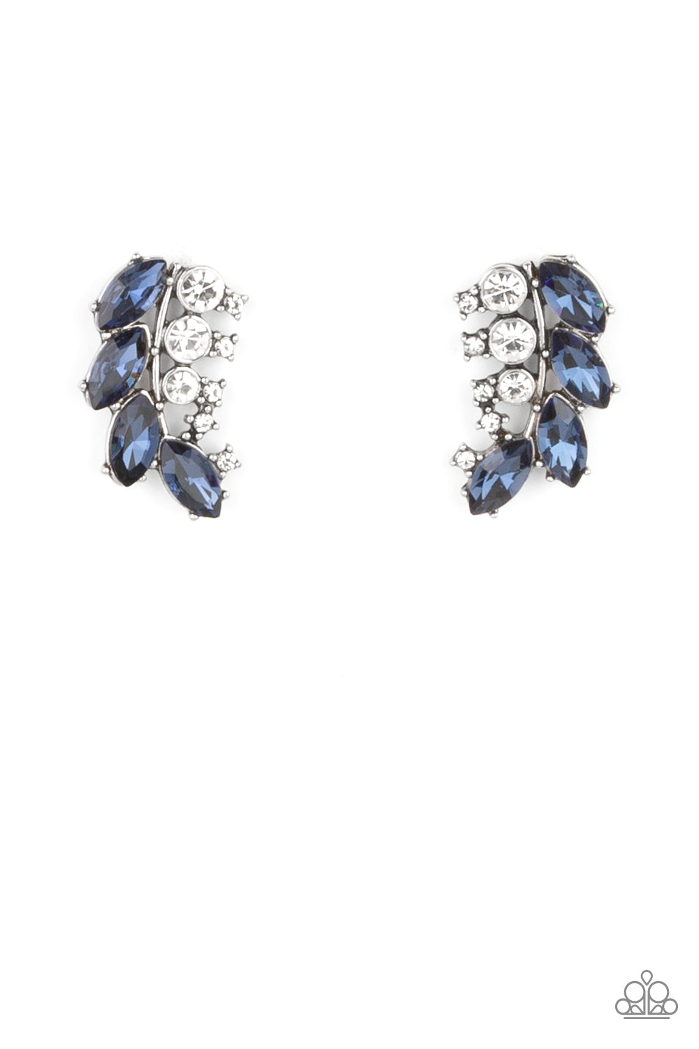 Flawless Fronds - Blue Rhinestone Post Earrings - Paparazzi Accessories a frond of dazzling blue marquise and round white rhinestones delicately curves below the ear for a flawless finish. Earring attaches to a standard post fitting. Sold as one pair of post earrings.